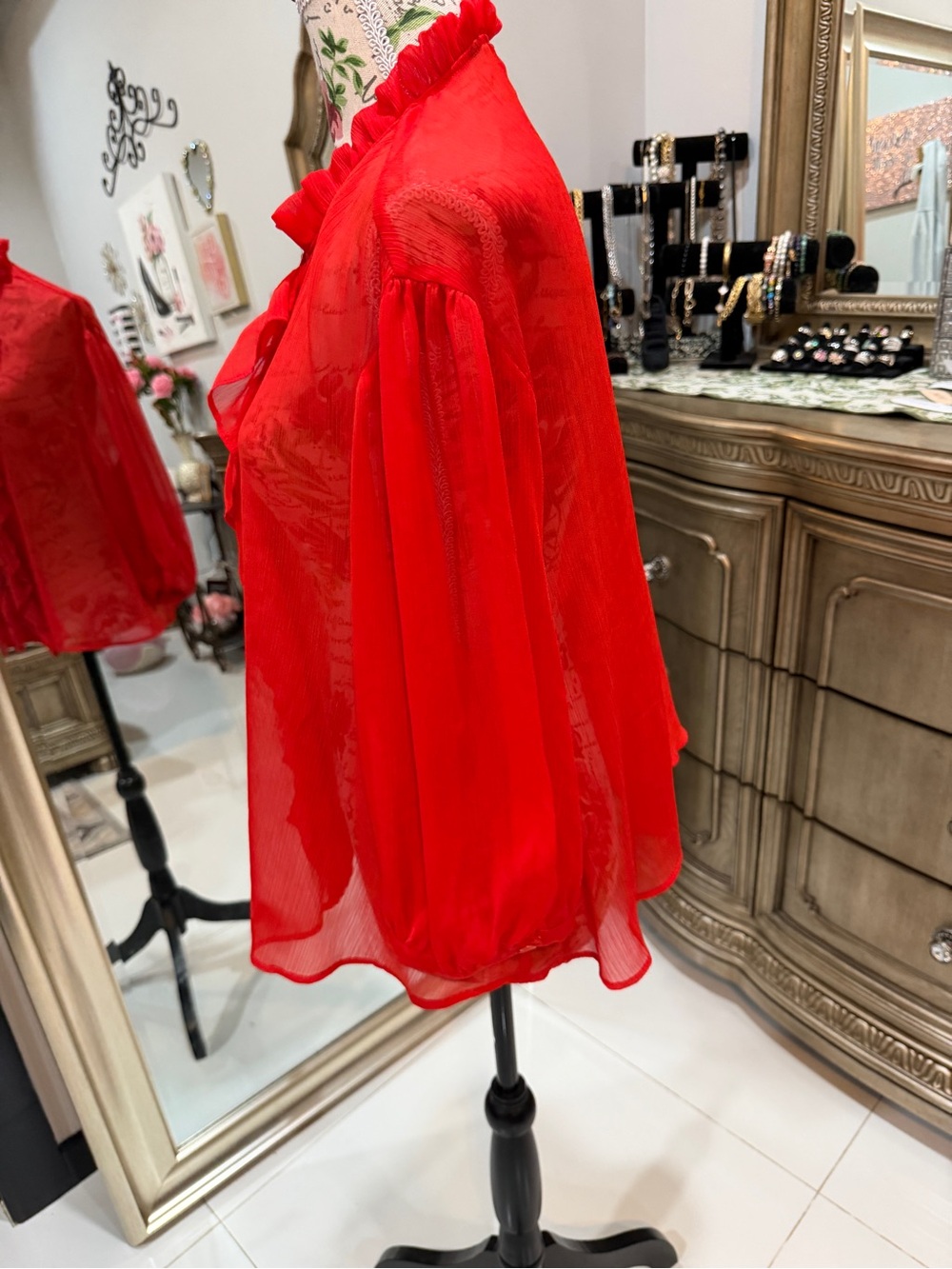 Zara Red Sheer Ruffle-Front Blouse - Picture 5 of 7